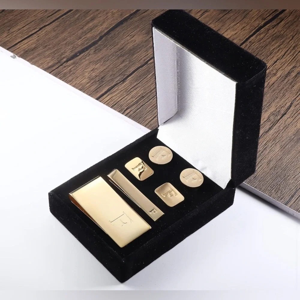 Elegant Gold Cufflink, money clip and Tie Clip Set - letter F